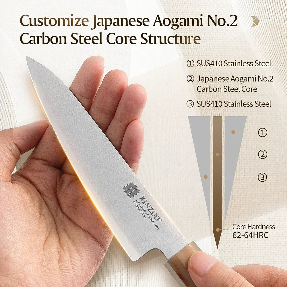 XINZUO 5.28" Aogami No.2 Steel Utility Knife – Maple Buffalo Horn
