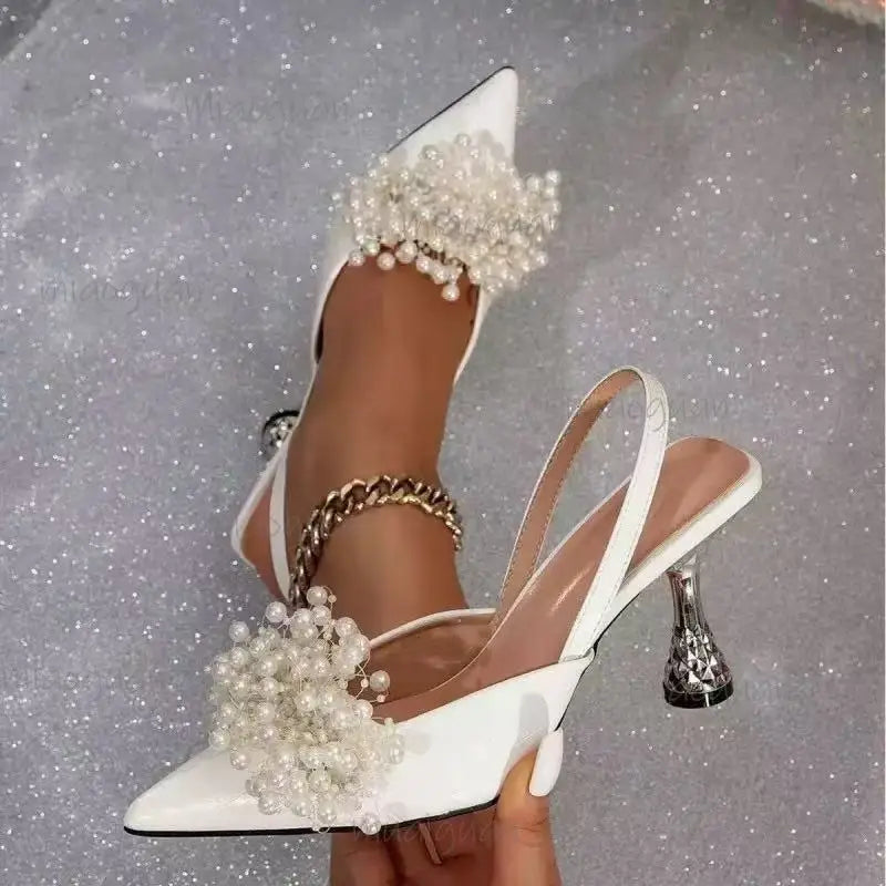 Women's Pearl Flower Heeled Sandals – Ankle Strap Party Pumps