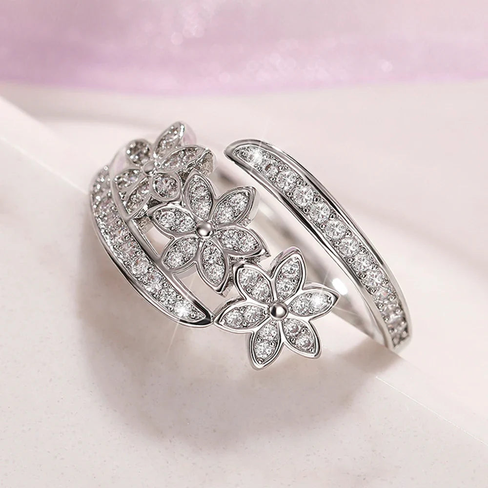 Huitan Silver Flower Adjustable Ring | Cubic Zirconia Bridal