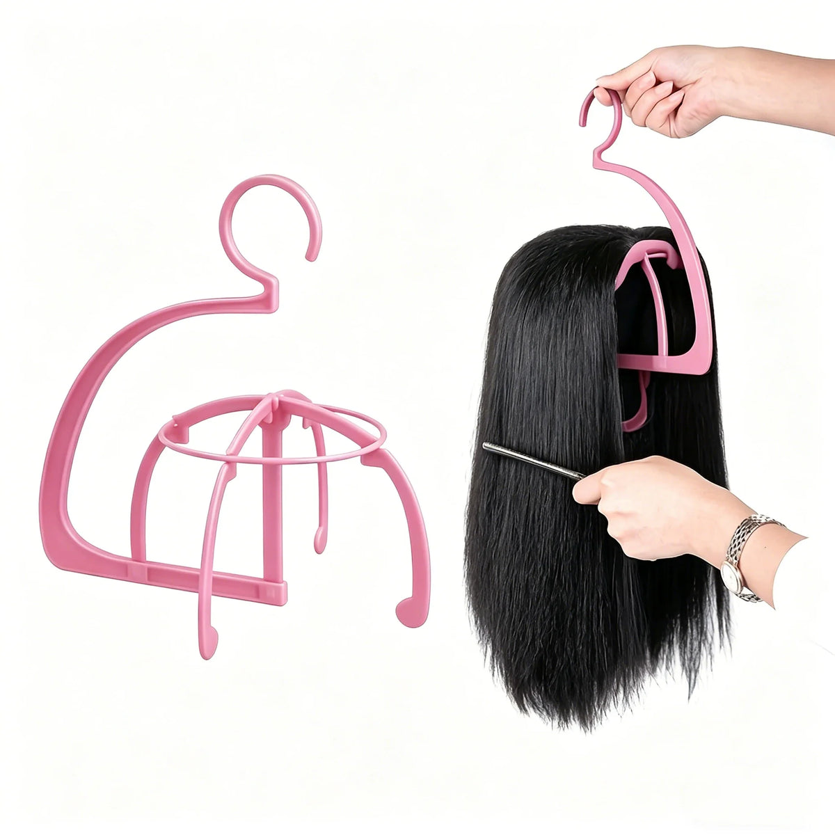 Pink Portable Hanging Wig Stand | Dustproof Wig Storage Rack