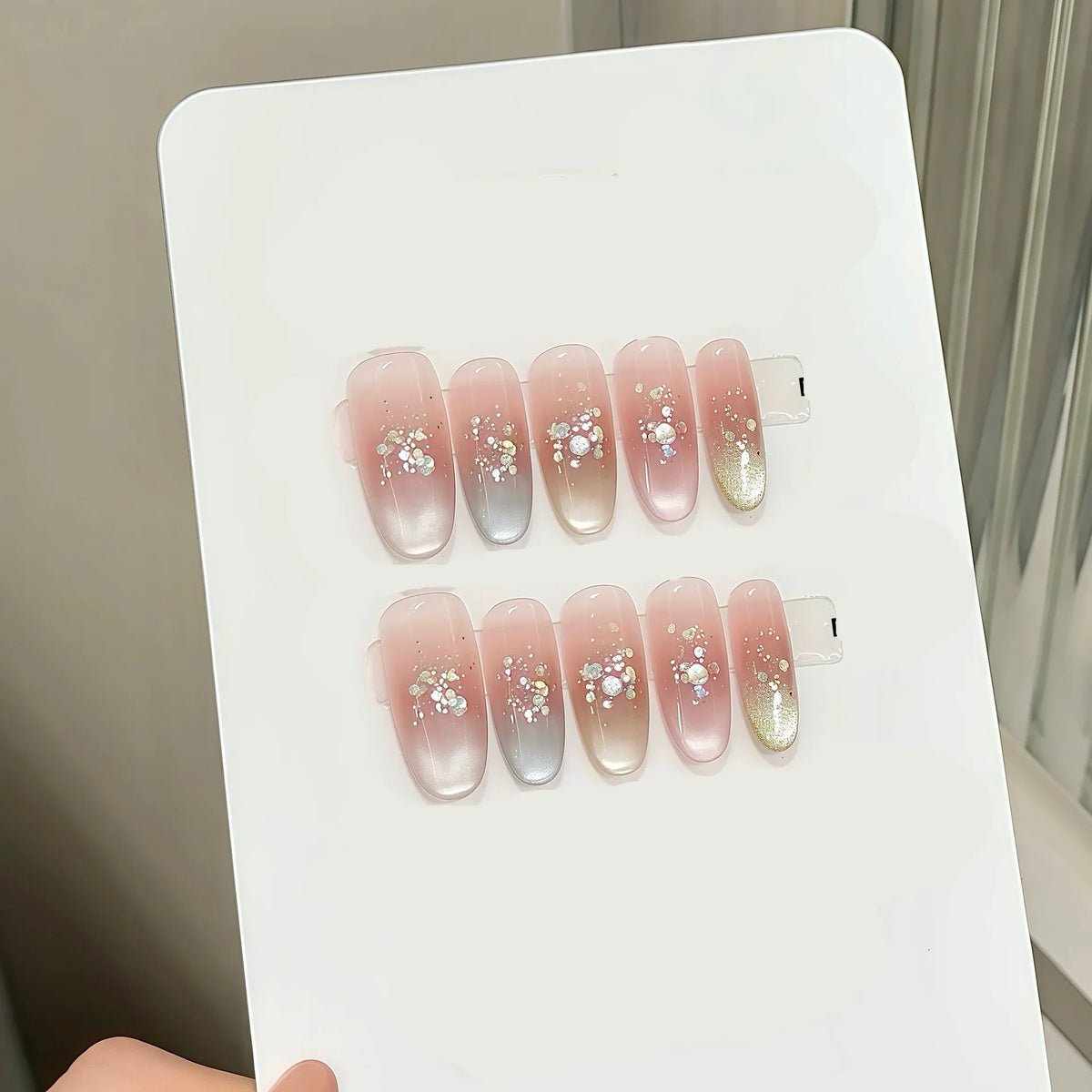 French Cat Eye Press On Nails – Sequin Gradient Tips | 10pcs