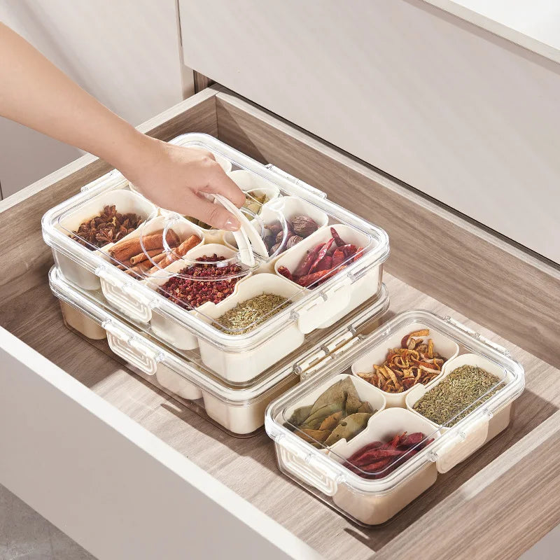 Divided Rotating Serving Tray Lid Handle Portable Snackle Box Fruits