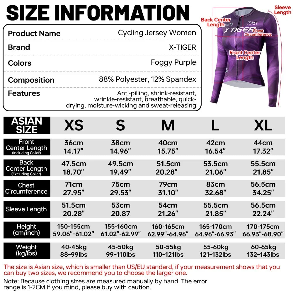 X-TIGER Women's Long Sleeve Cycling Jersey – Purple Pro Fit