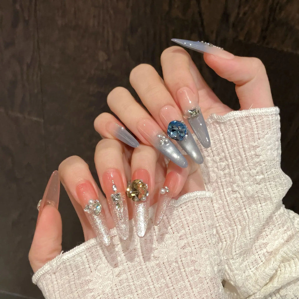10pc Handmade Long Oval Press On Nails | 3D Cat Eye Crystal