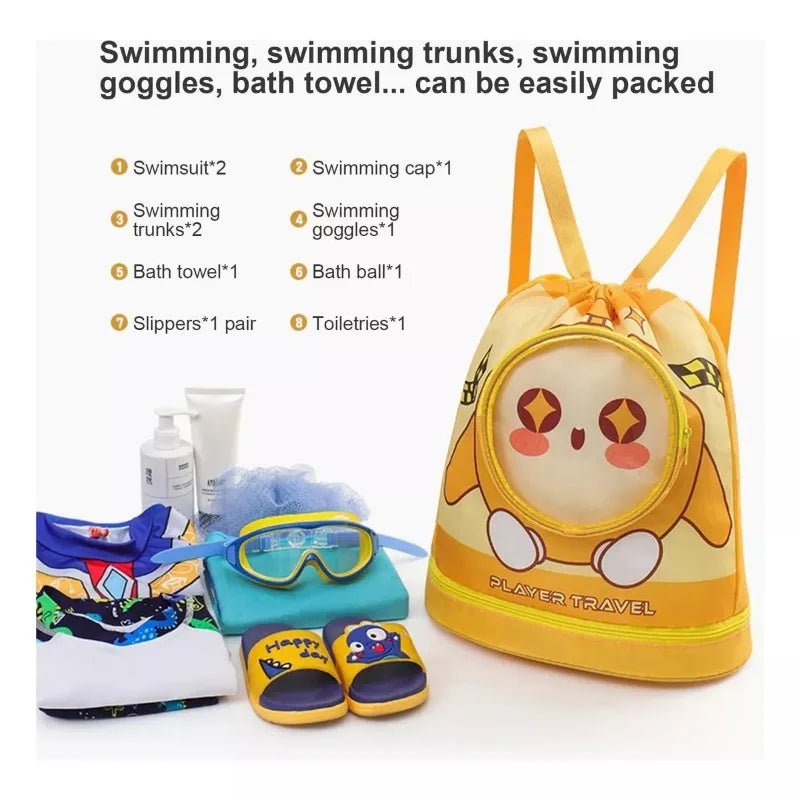 Waterproof Kids Beach Bag | Cartoon Drawstring Backpack