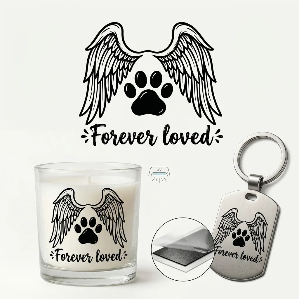 Pet Memorial UV Sticker "Forever Loved" Paw Angel Wings Decal