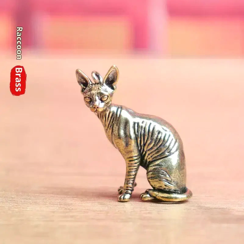 Solid Brass Hairless Cat Statue | Vintage Desktop Figurine