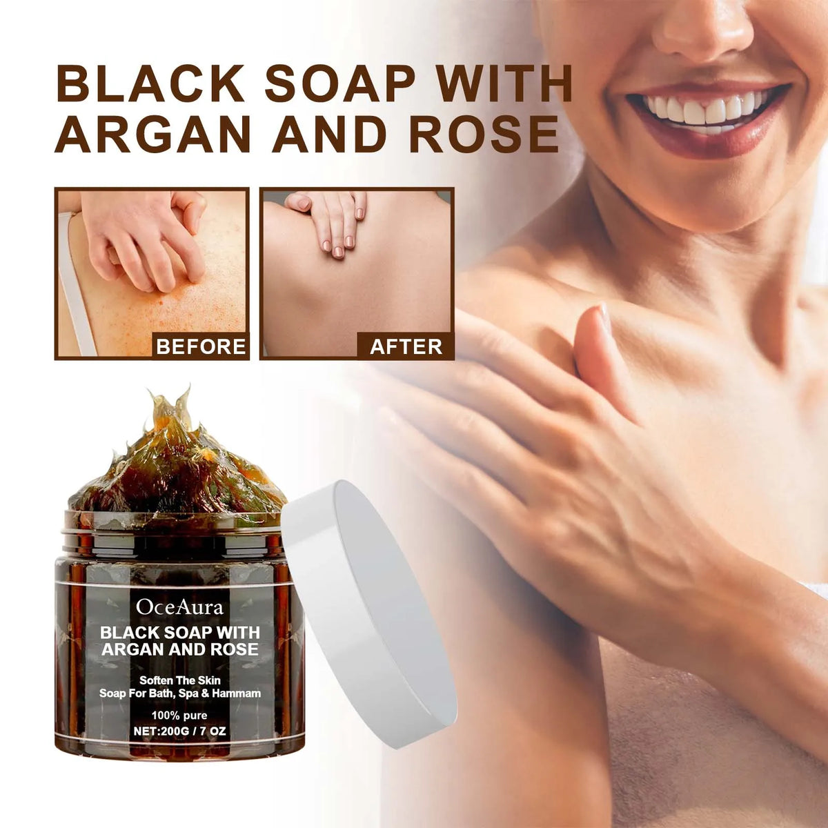 OCEAURA Black Beldi Soap Argan & Rose Body Scrub 200g