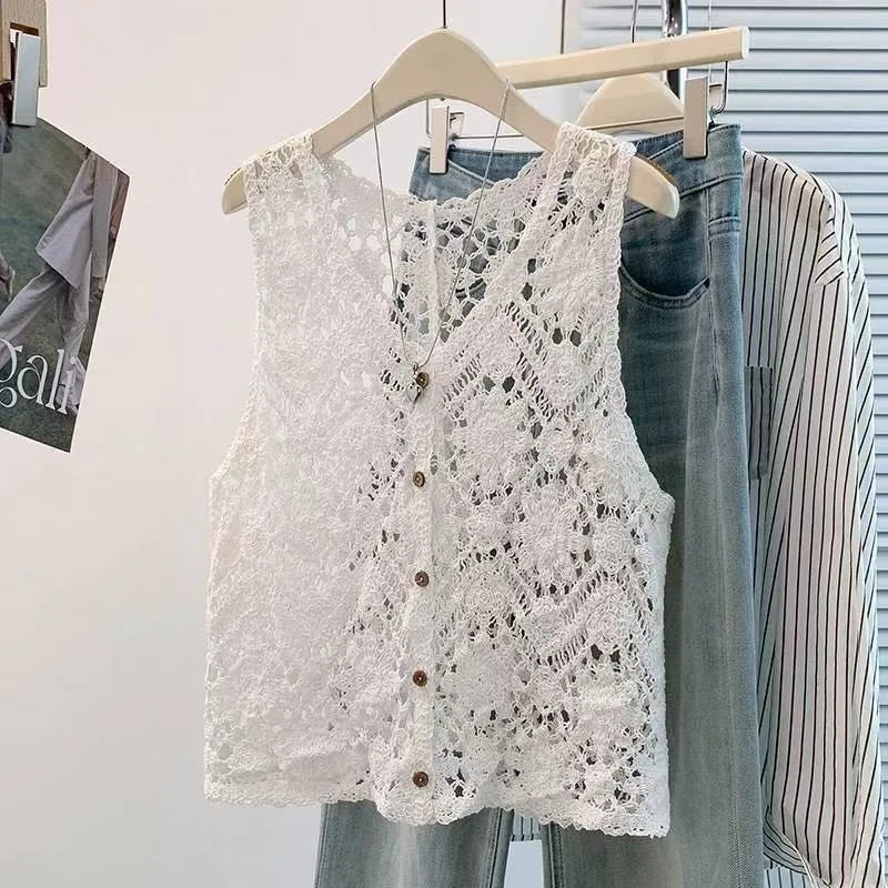 Open Knit Floral Crochet Vest – Boho Sleeveless Cardigan