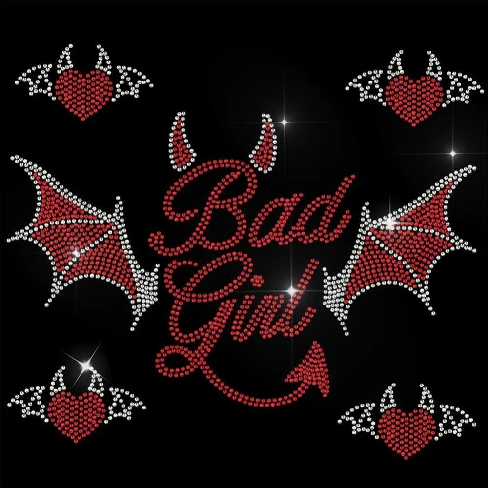 5-Pack Devil Heart Rhinestone Iron-On Transfer Patches | Bling