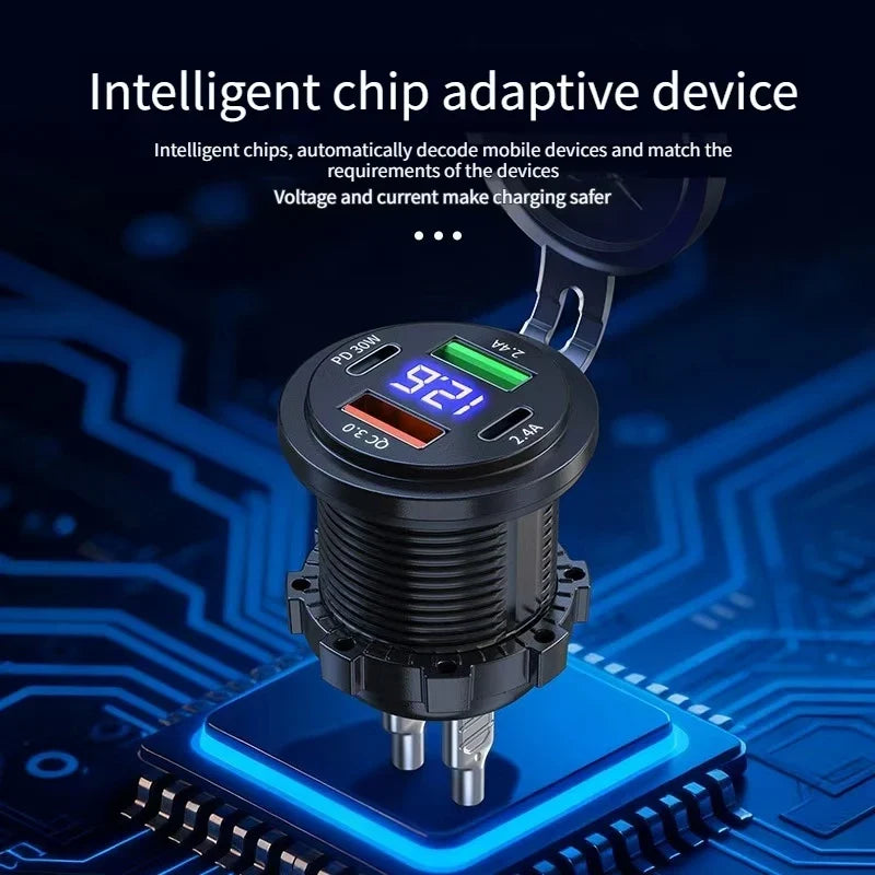 4-Port Car Charger Socket Dual USB-C & USB-A 96W + Voltmeter