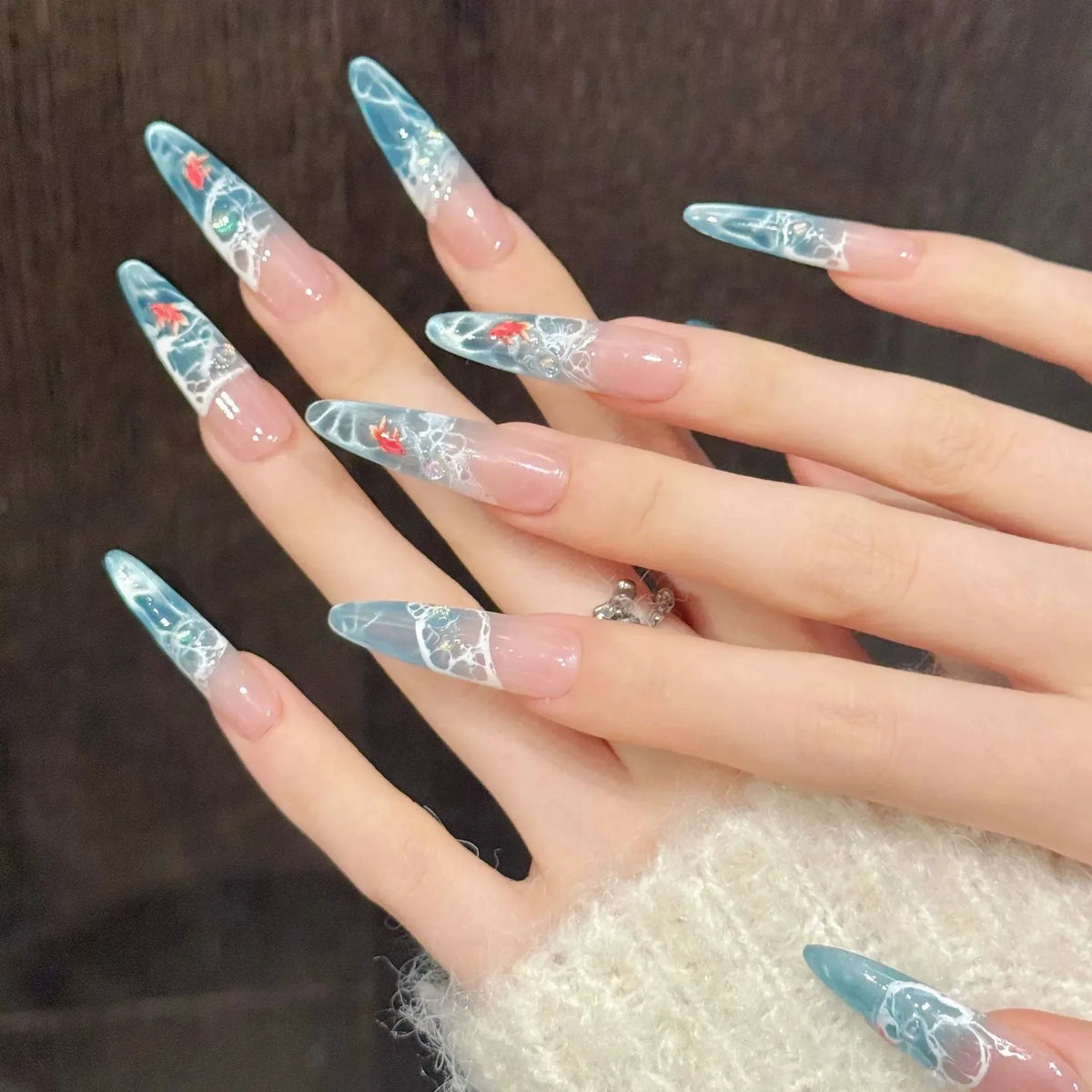 Cat Eye Press On Nails Ice Blue Almond Glitter Tips – 10pcs