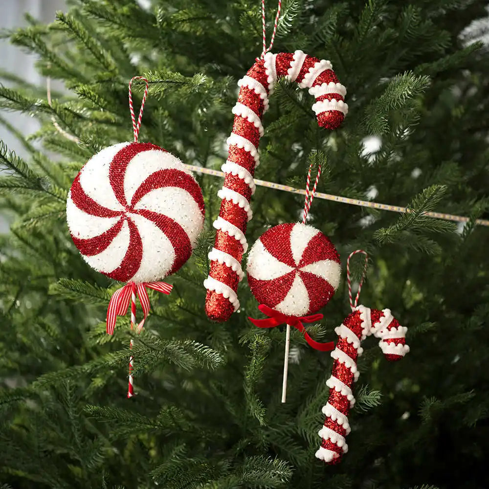 Christmas Tree Ornaments Red White Walking Sticks Candies Ball