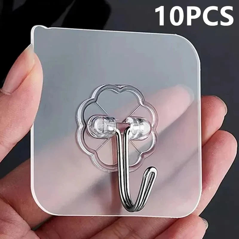 10-Pack Clear Self-Adhesive Wall Hooks | Stainless Steel