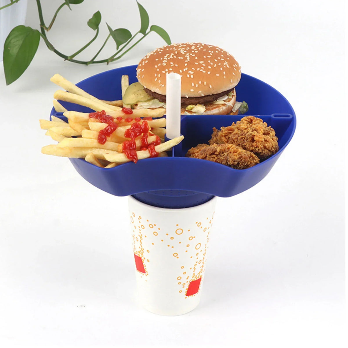 2-in-1 Compartment Snack Plate with Straw Hole | Reusable Tray