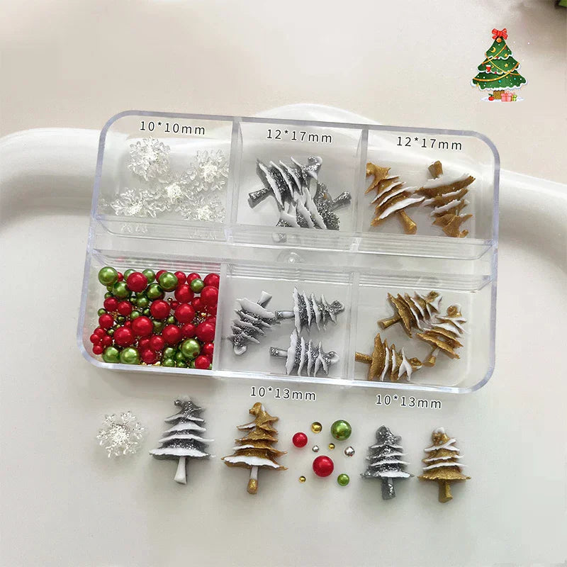 Christmas Nail Charms Set | 6-Grid Snowflake & Bead Rhinestones