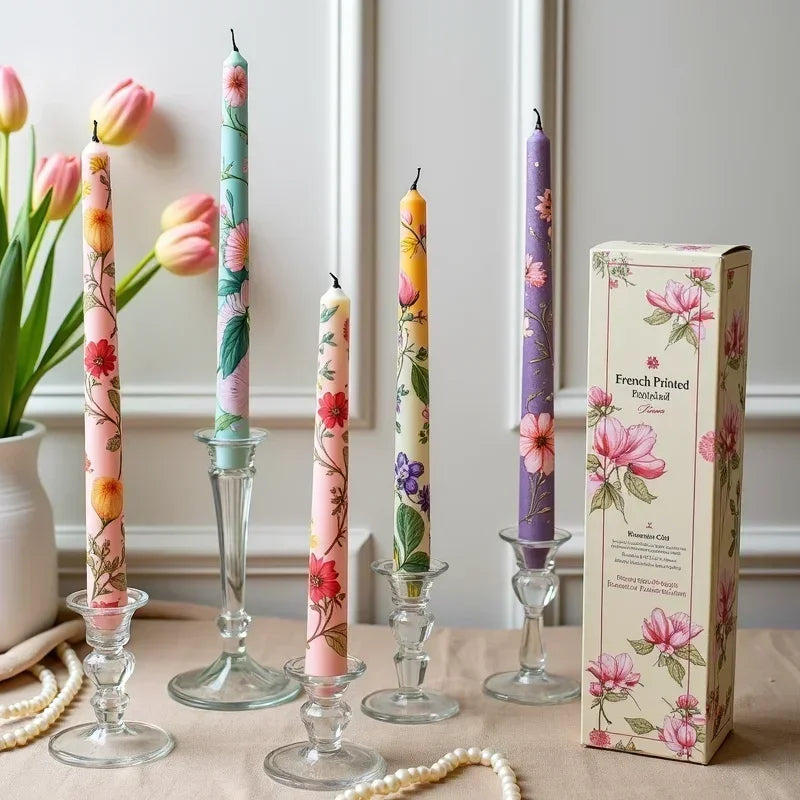 French Rose Printed Soy Wax Taper Candles – Set of 2 | Home Décor