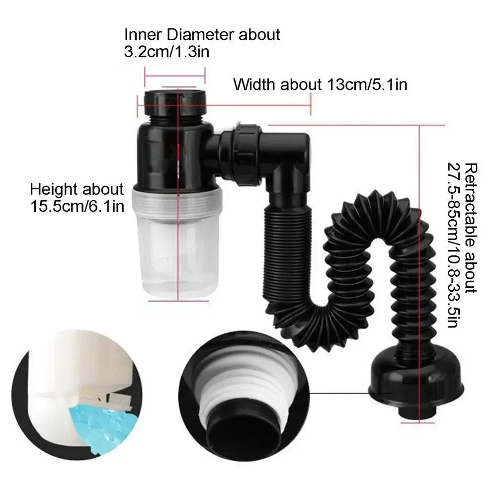 Flexible Sink Drain Pipe Odor Barrier 3" Universal Fit ABS