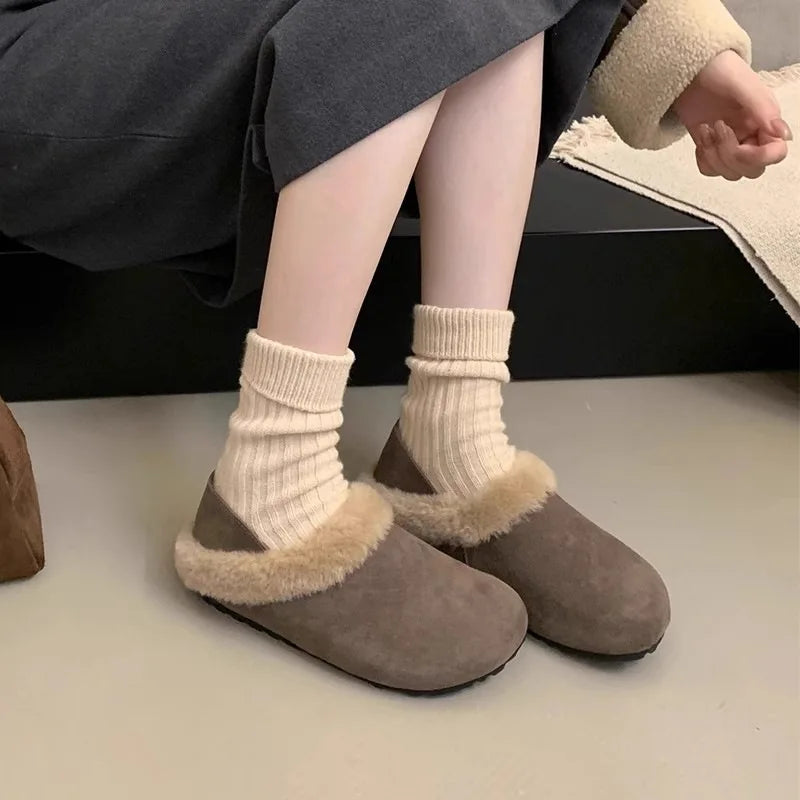 Women's Retro Faux Suede Fur-Lined Slip-On Flats | Winter Shoes