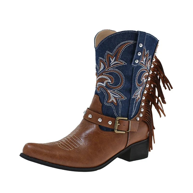 Women's Western Cowboy Boots – Embroidered Studded Block Heel