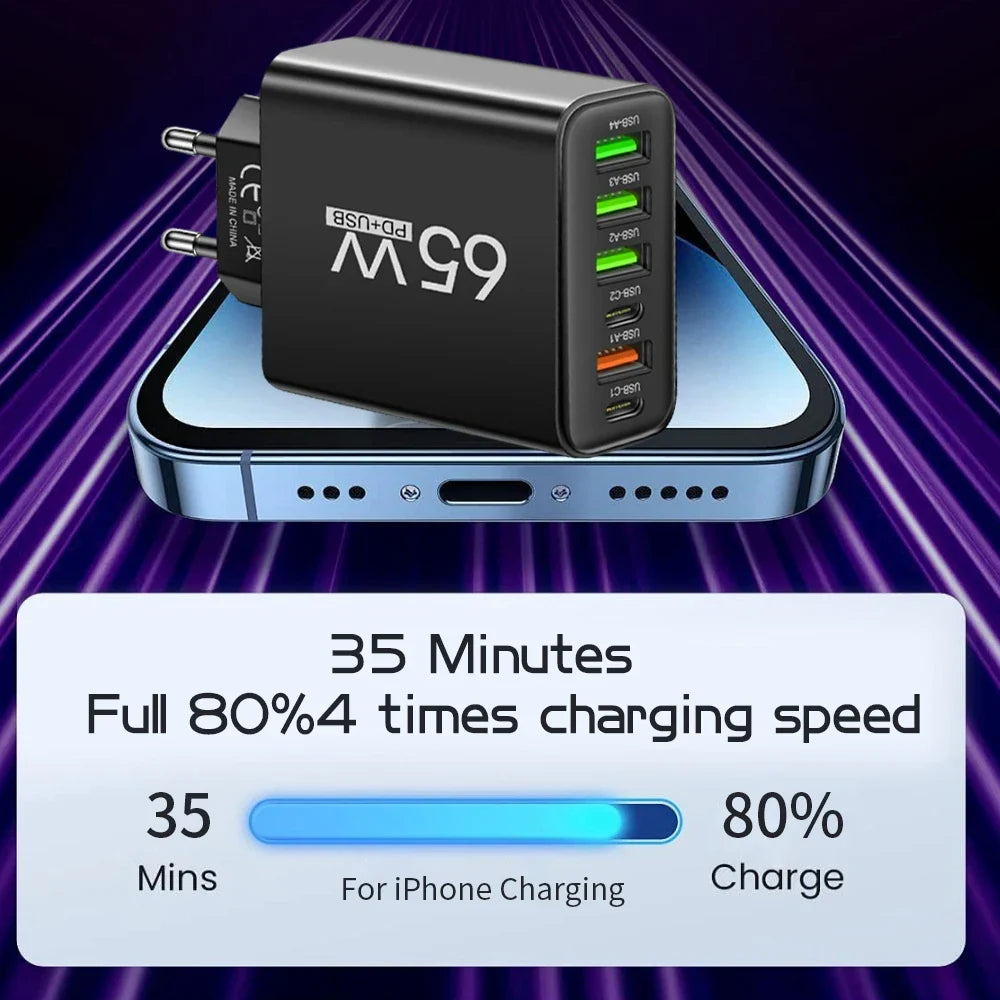 6-Port 65W USB-C Fast Charger Wall Adapter | EU & US Plug