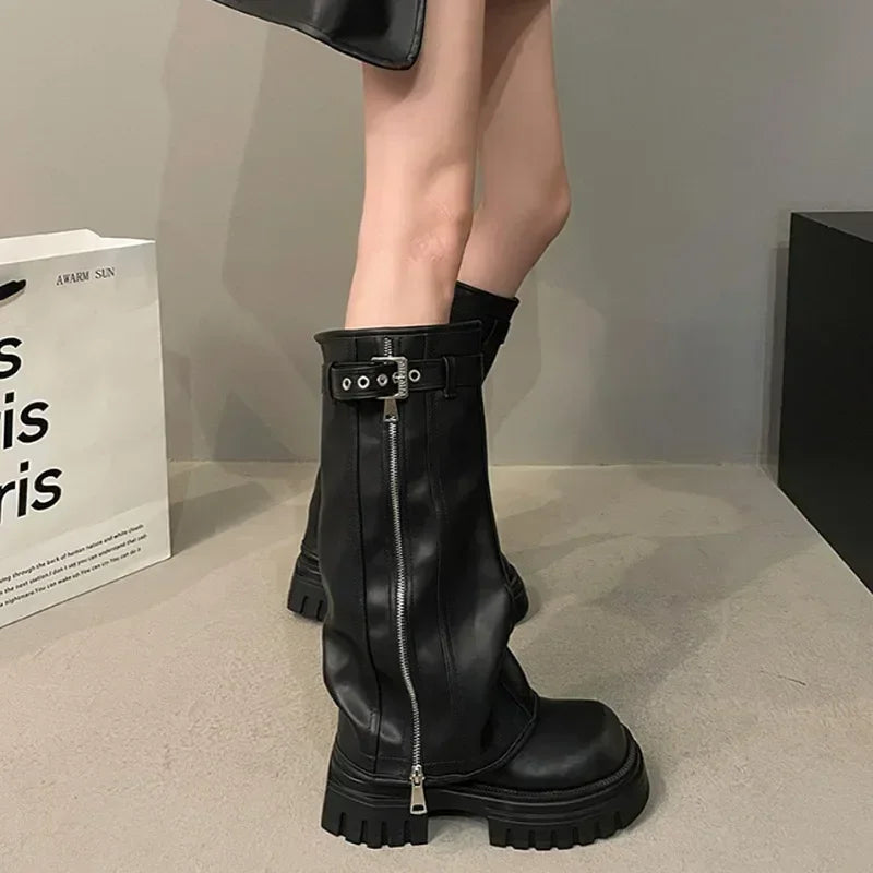 Women's Knee-High Biker Boots – Platform Belt Buckle Winter