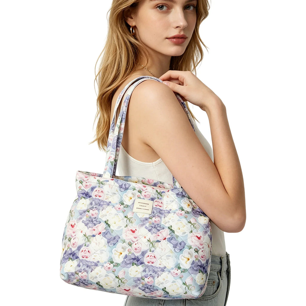 Women Quilted Cotton Laptop Work Tote Bag Lightweight Flower Print