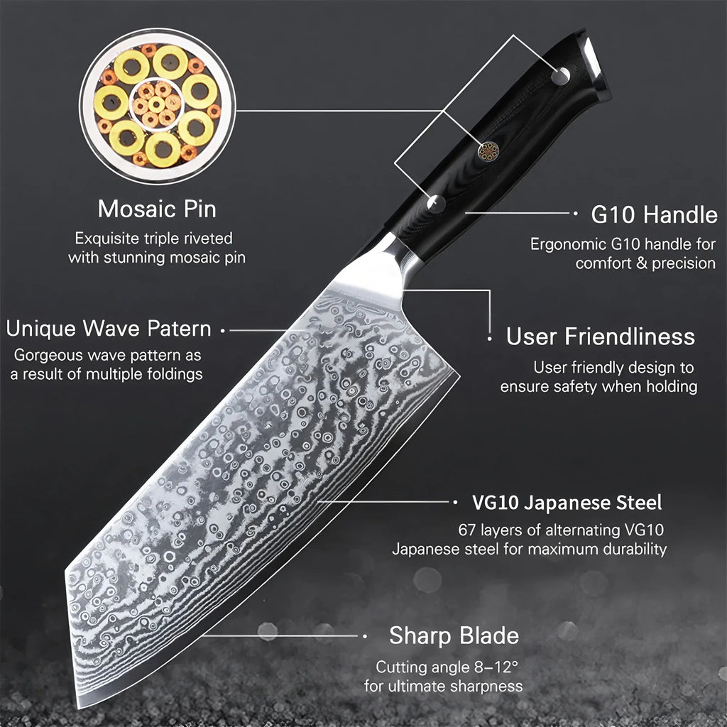 67-Layer Damascus Steel Chef Cleaver Knife – Sharp 19.3cm