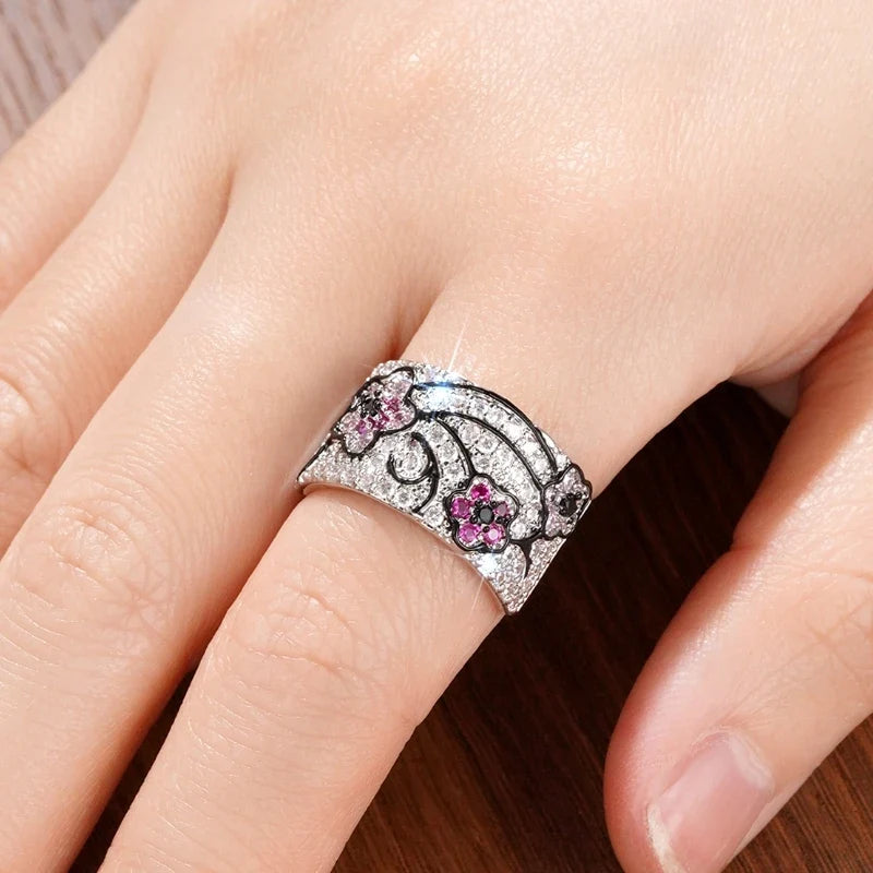 Huitan Flower CZ Pave Ring – Women's Wedding Band | Sizes 5–14