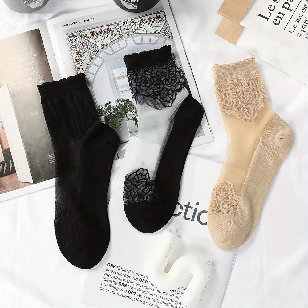 Women's Sheer Lace Ankle Socks – Floral Mesh 3 Pairs