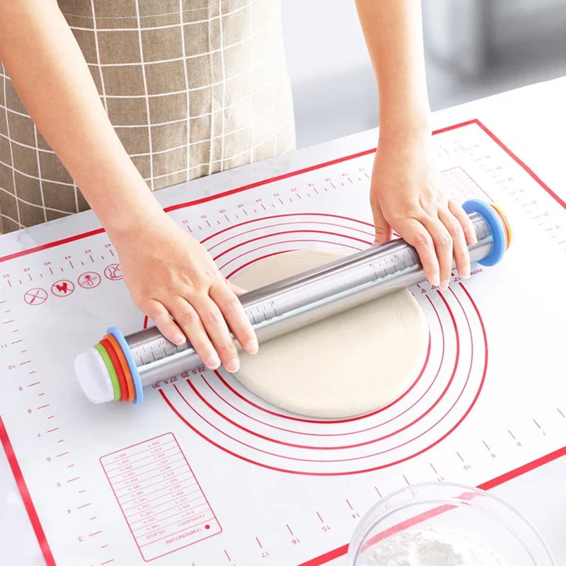 Adjustable Stainless Steel Rolling Pin & Silicone Baking Mat Set