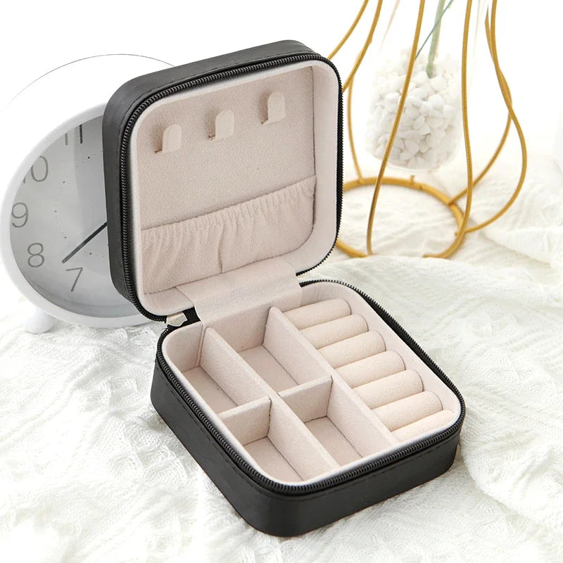 Travel PU Leather Jewelry Box – Zipper Case | Black, Pink, White