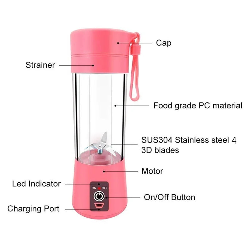 Portable USB Mini Blender Juicer Cup – 380ml, 6-Blade