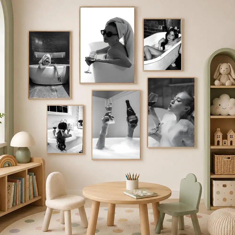 Woman Drinking Wine in Bathtub Poster – Self-Stick Wall Art