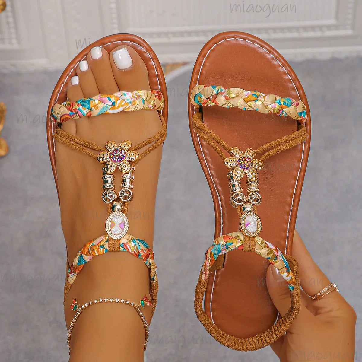 Bohemian Flat Sandals – Women's Open Toe Elastic Band Shoes