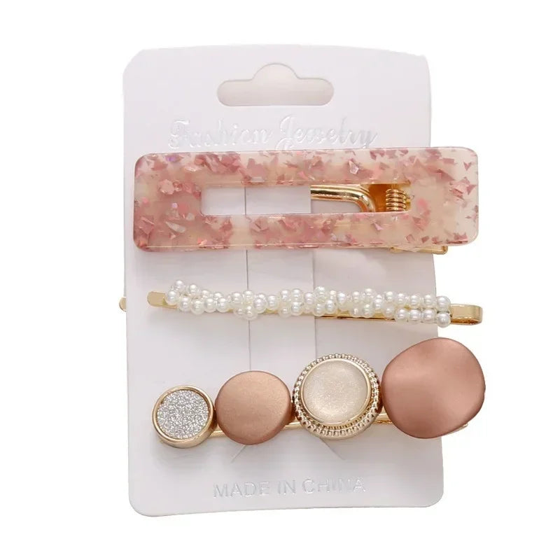 Korean Pearl Hair Clips – Gold Geometric Acrylic Barrettes 4 Sets