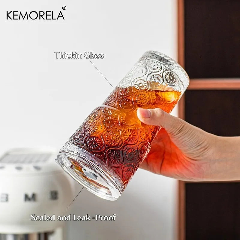 KEMORELA 600ml Begonia Glass Tumbler with Lid & Straw | 1-2 PCS