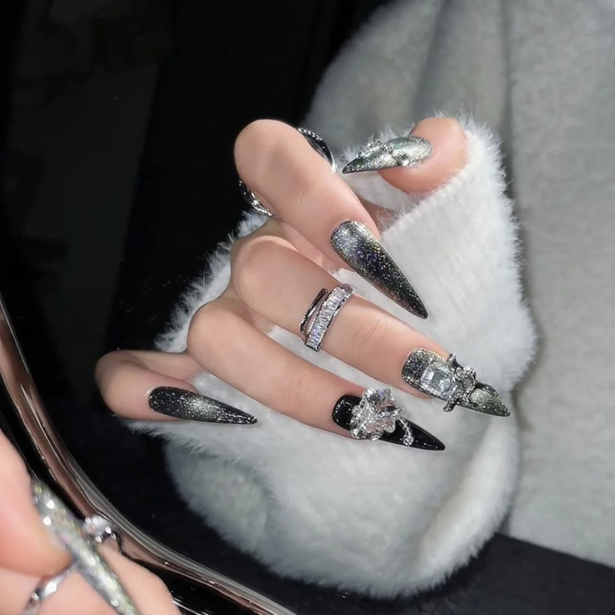 Gothic Black Silver Press-On Nails | Long Crystal Stiletto Set