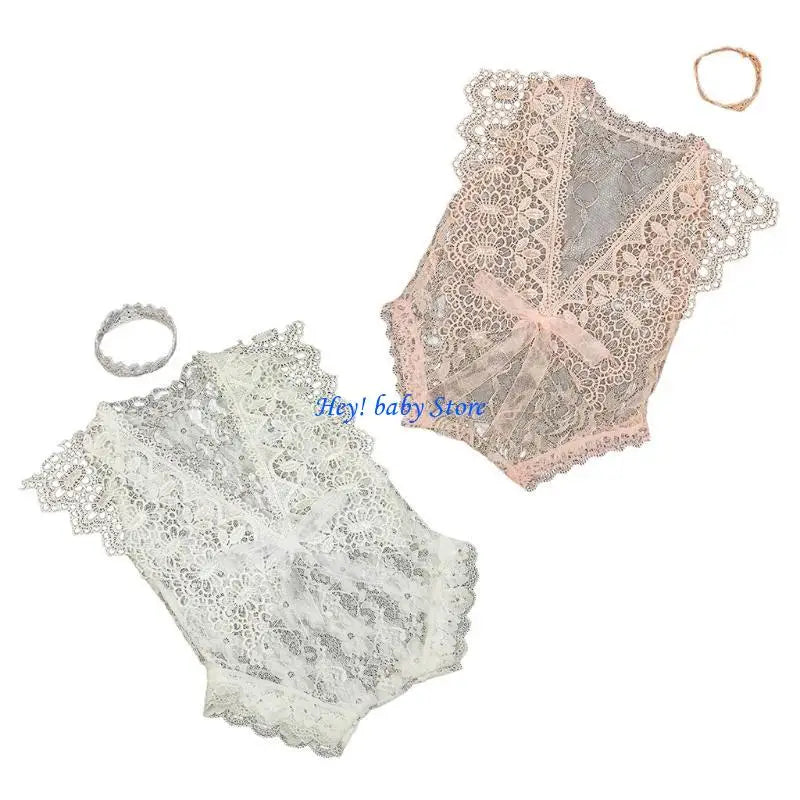 Newborn Photography Props – Crown Headband & Lace Romper 0-1M