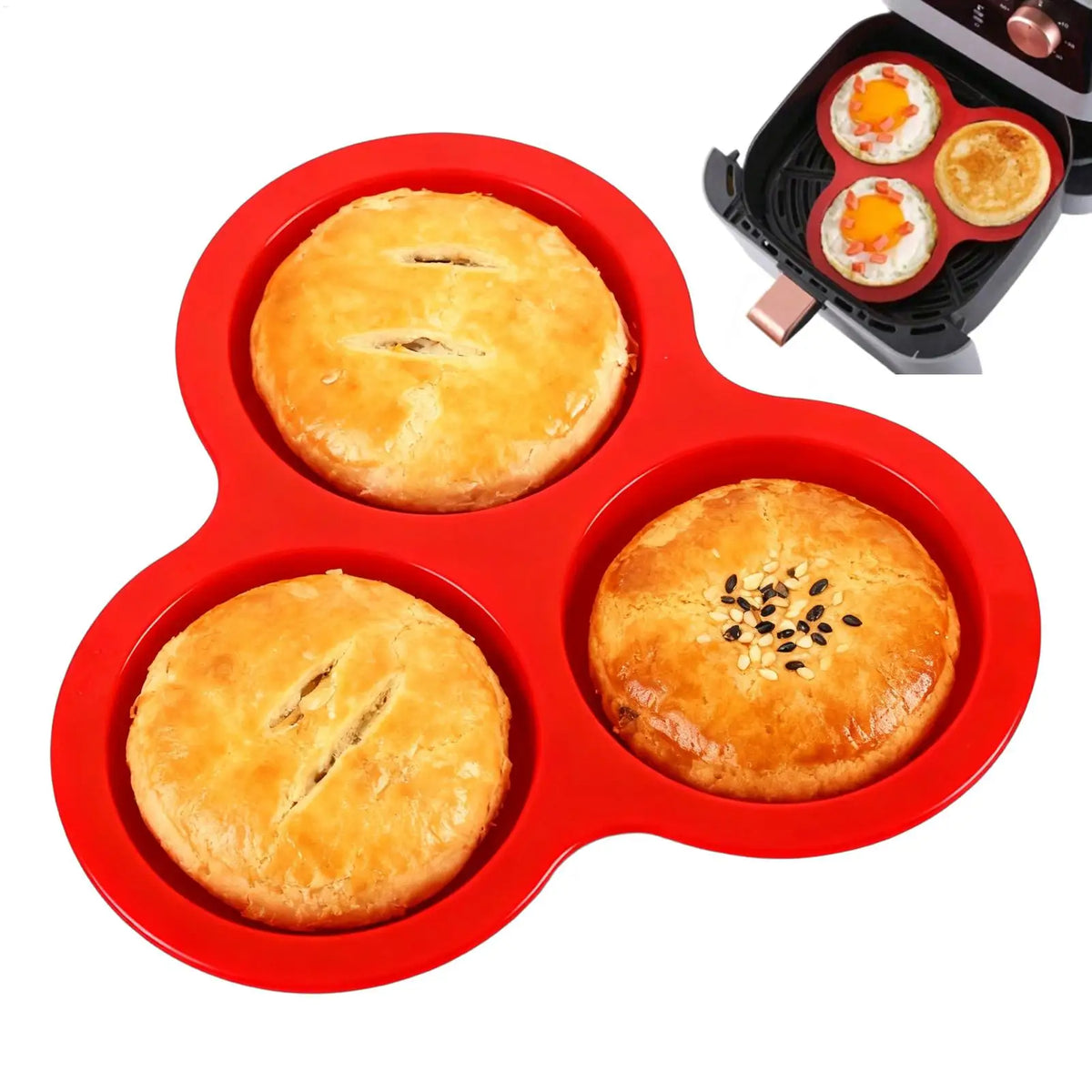 3-Cavity Round Egg Tray Silicone Molds Air Fryer Muffin Pan Reusable
