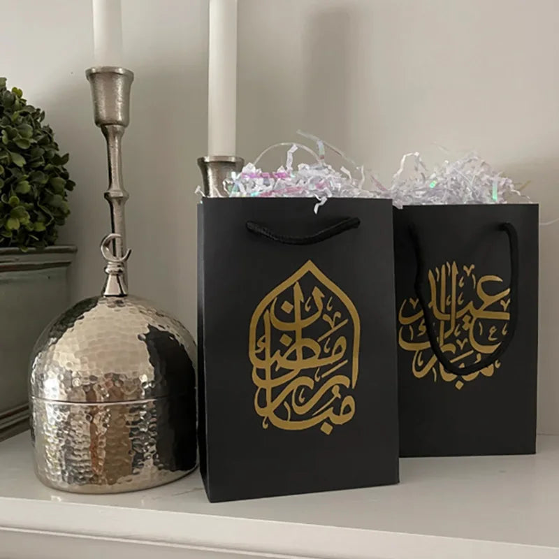 5-Pack Black Ramadan Mubarak Gift Bags | Eid Al-Fitr Kraft Paper
