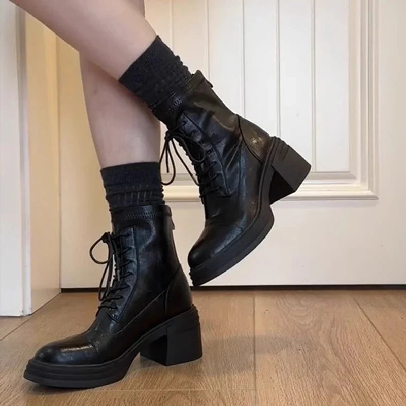 Women's Lace-Up Ankle Boots | Block Heel Back Zipper