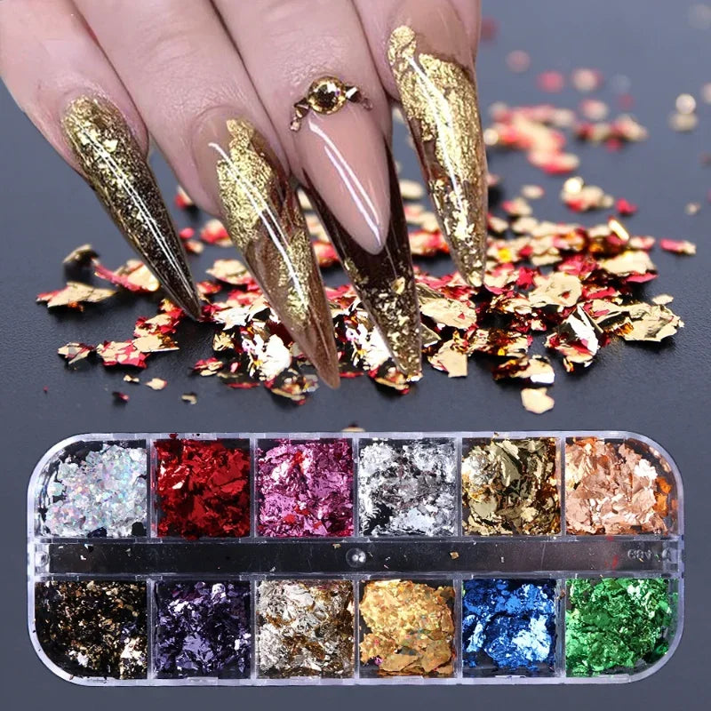 12-Color Metallic Nail Foil Flakes – Gold Silver Copper Gilding Kit
