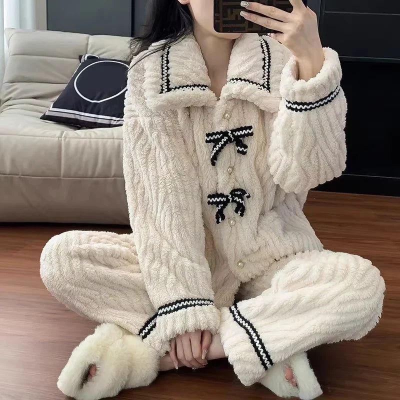 Women's Bow Pajama Set – Warm Thick Winter Sleepwear 2-Piece