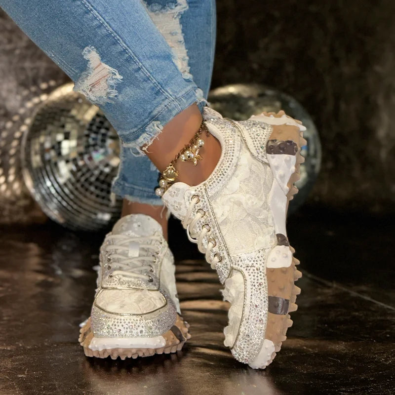 Women's Rhinestone Sneakers – Thick Sole Casual Sport Shoes