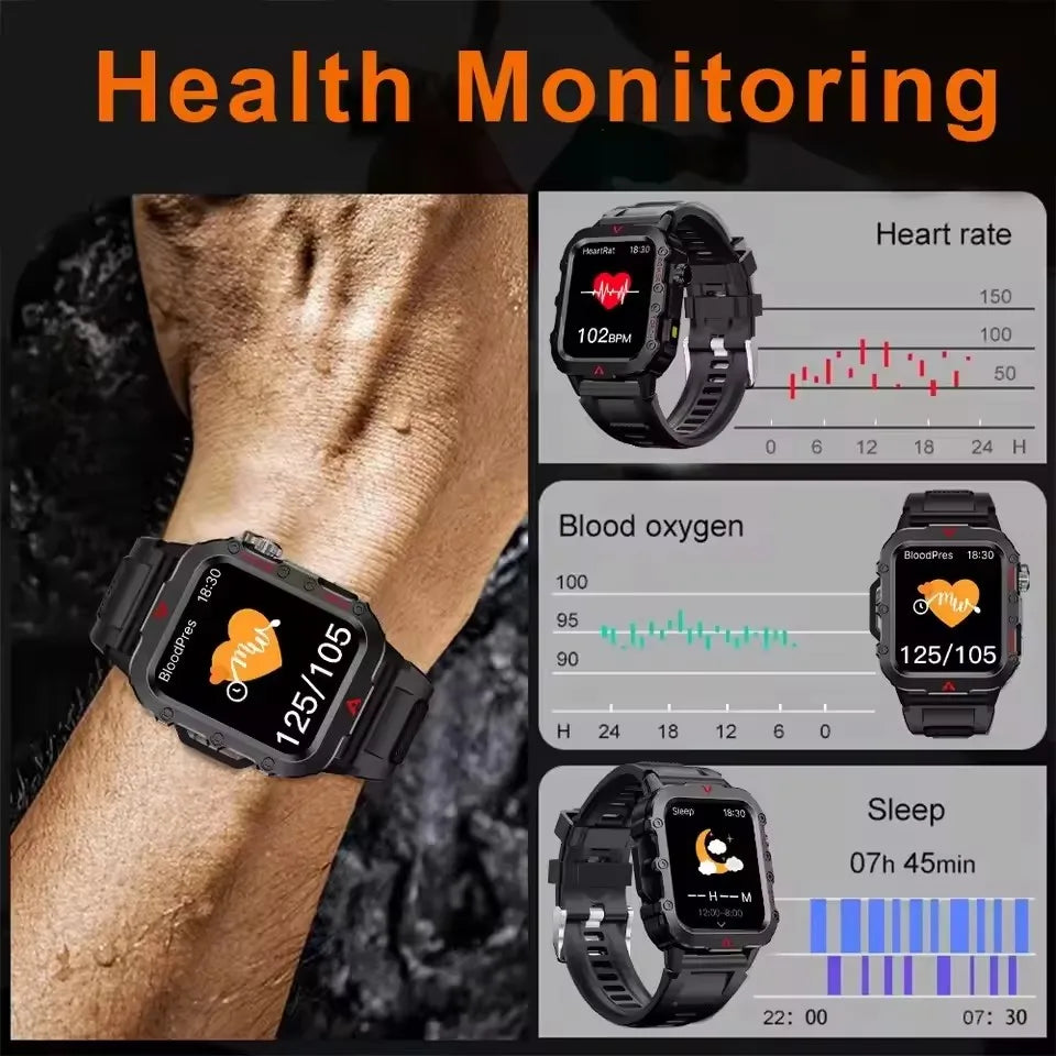 Military Smartwatch Men – Bluetooth Call, LED Flashlight, 3ATM