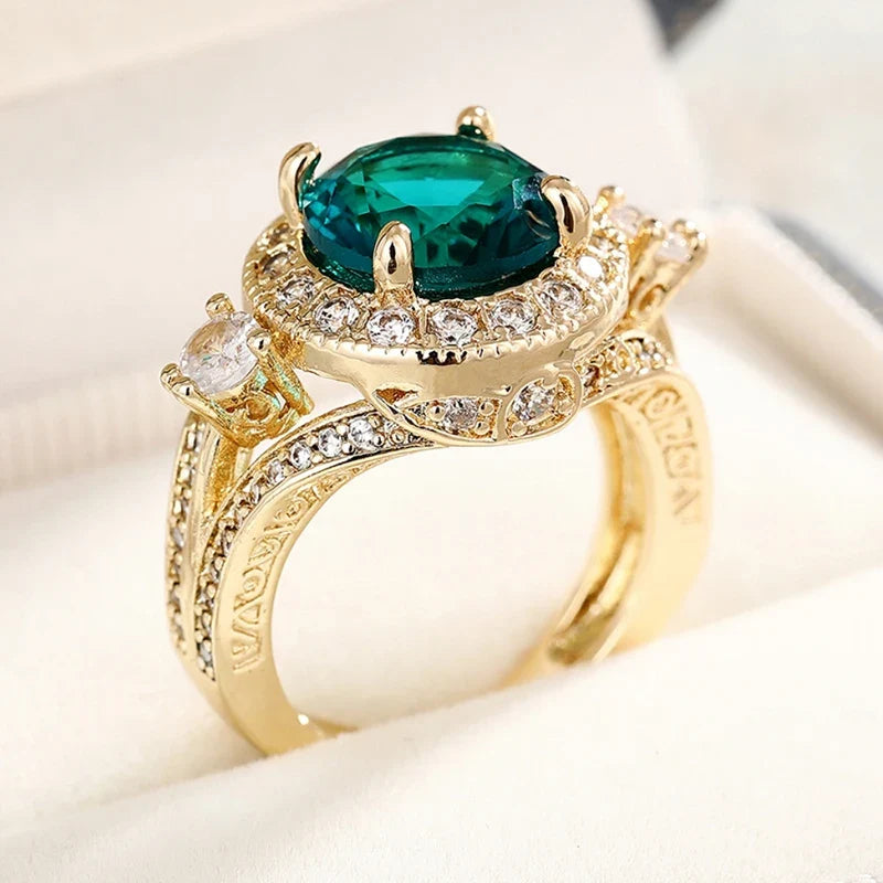 Huitan Green CZ Ring for Women – Gold-Tone Wedding Band | Size 5–14