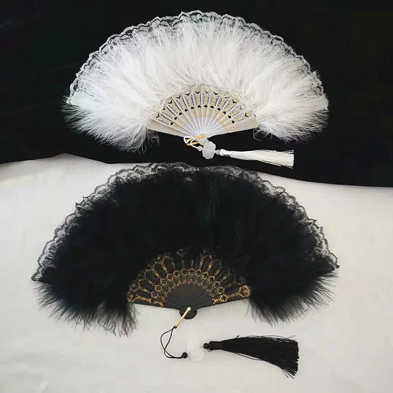 Chinese Vintage Retro Foldable Hand Fan Feathers Lace Folding