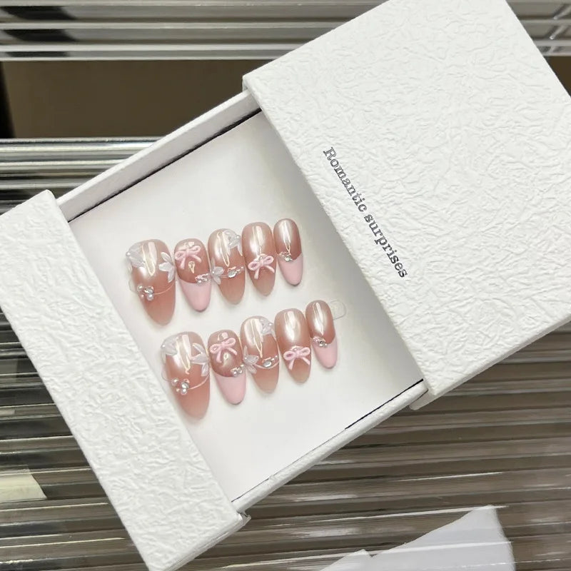 Handmade Sweet Bow Press-On Nails – Cat Eye French Almond | 10pcs