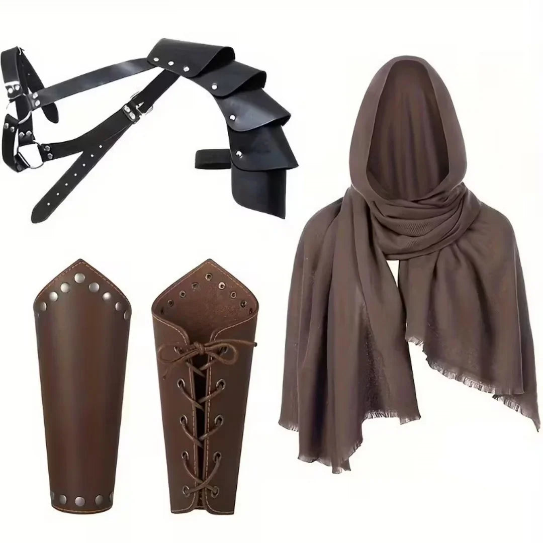 1 Men Vintage Medieval Knight Hooded Cloak Scarf Renaissance Belt